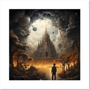 Mystical Sanctuary: Enigmatic Cathedral Amidst Celestial Orbs and Golden Forests Posters and Art